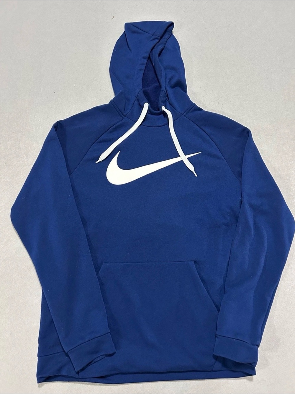 Nike Dri Fit Mens Royal Blue Hoodie Sweatshirt w/ White Swoosh Polyester Size L